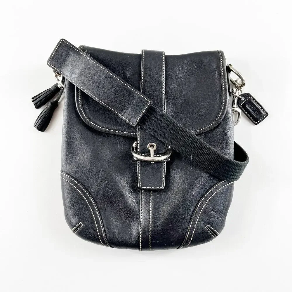 Vintage Coach Black Leather Soho Buckle Flap Crossbody Bag